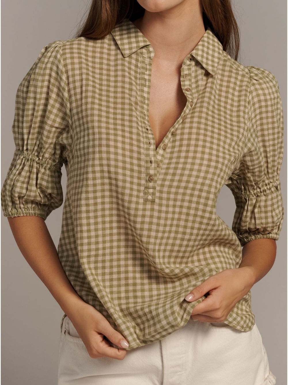 Anthropologie Pilcro Olive Gingham Puff-Sleeve Button-Down Shirt - Picture 3 of 6